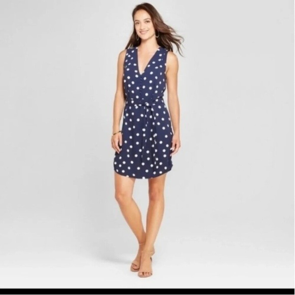 Navy and white polka dot belted dress size XS NWOT